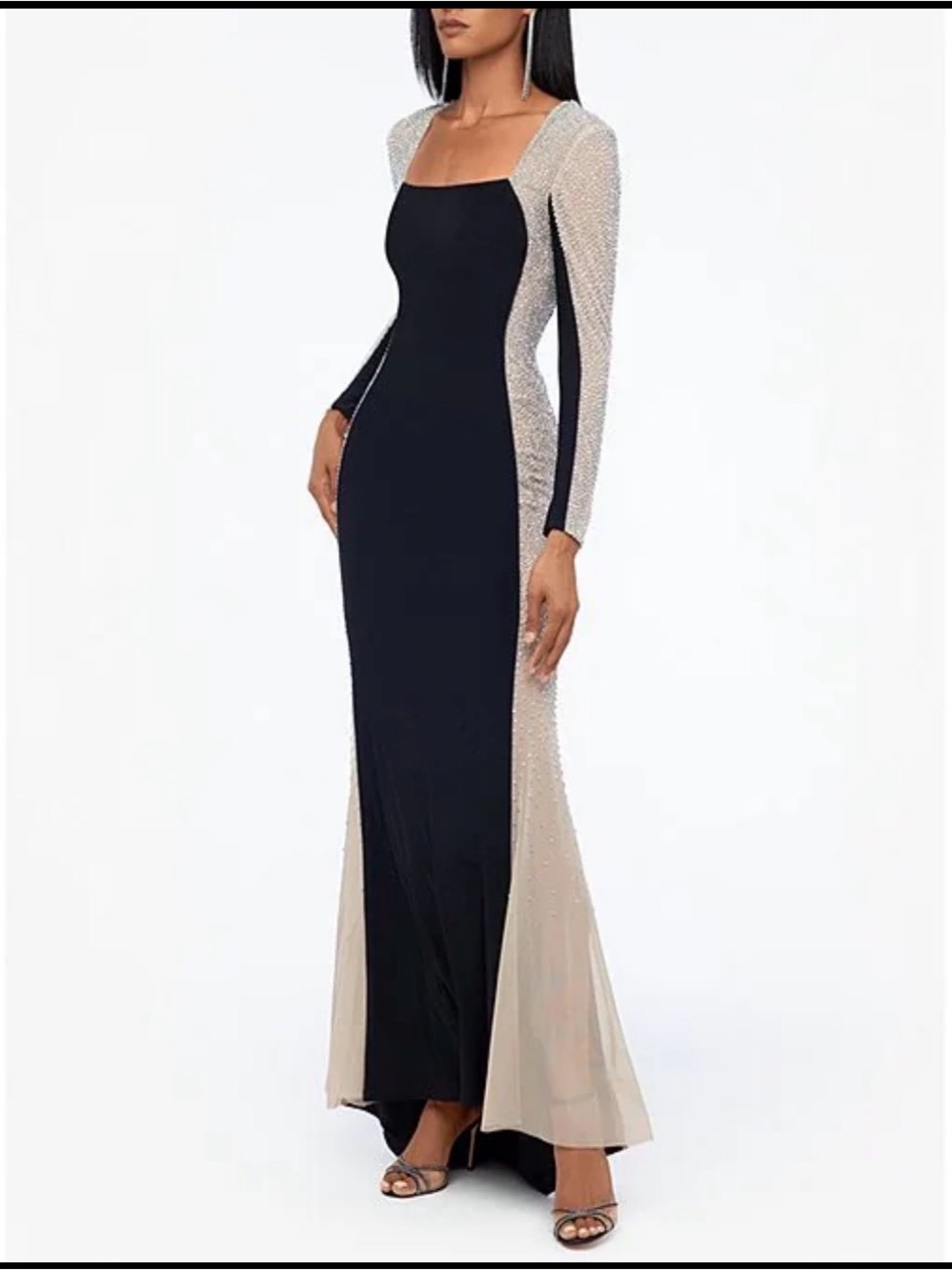 Xscape Colorblock Caviar Beaded Mesh Illusion Long Sleeve Sheath Gown Dress 10